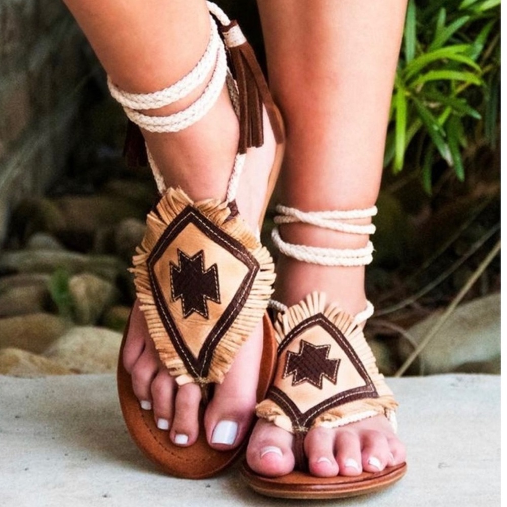 Free People Matisse Bronte Sandals Leather Lace Up Boho Western Fringe - Picture 13 of 13